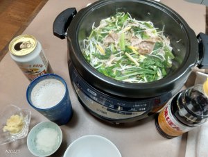 しゃぶしゃぶ用の豚肉、ニラ、モヤシ、小松菜、白菜で・・。